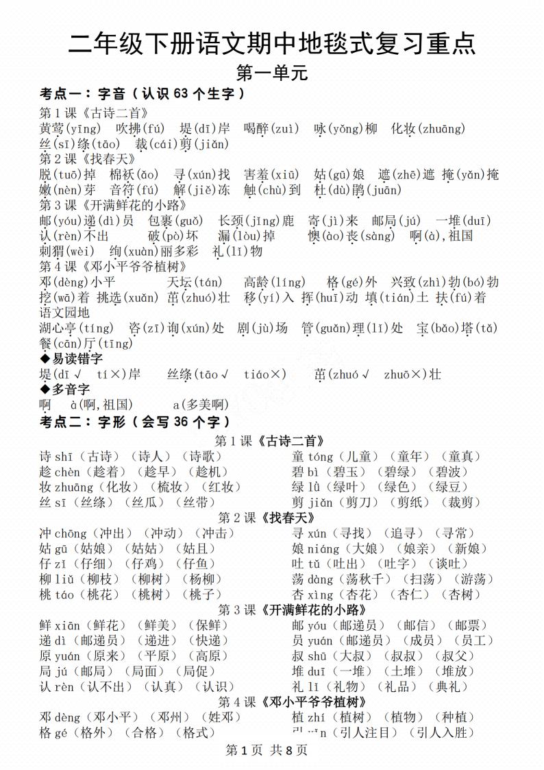 二年级下册语文期中地毯式复习重点8页-EduToon学术