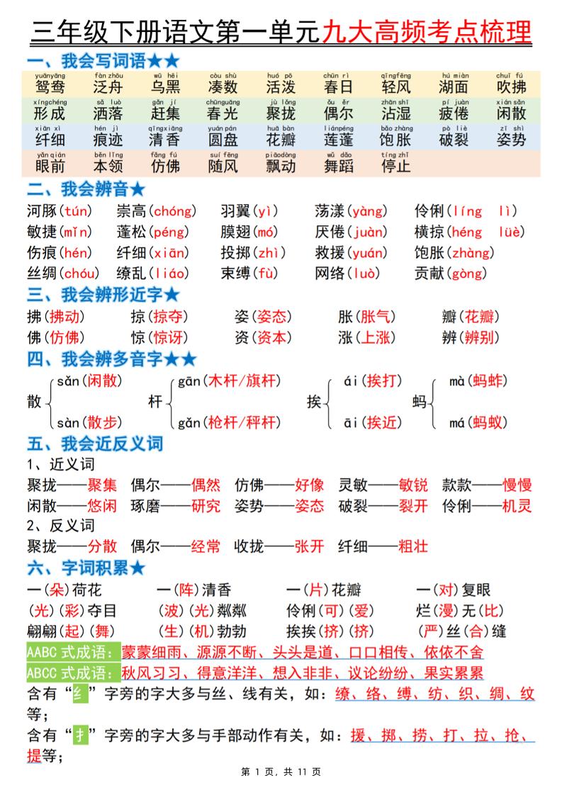 三下语文期中复习1-4单元高频考点梳理（11页）-EduToon学术