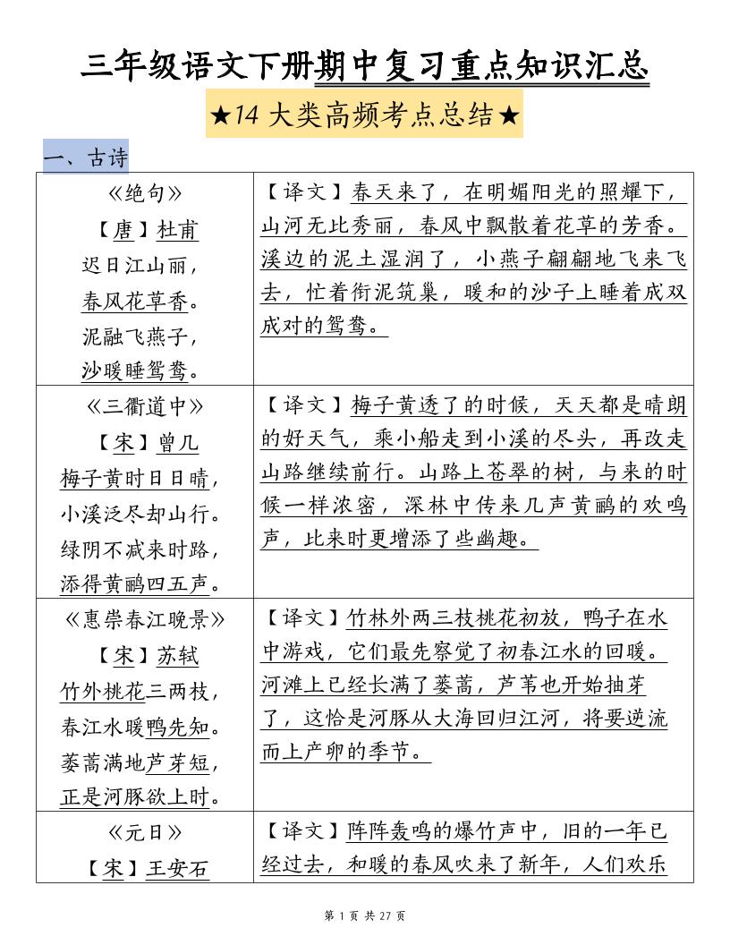 三下语文期中复习重点知识汇总-14大高频考点-EduToon学术