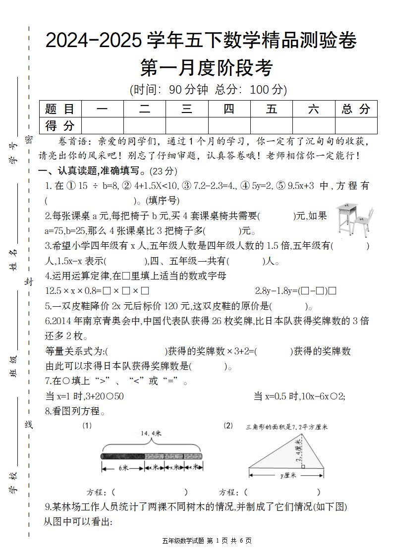 【苏教版】2024-2025学年五下数学第一月度阶段考精品测验卷-EduToon学术