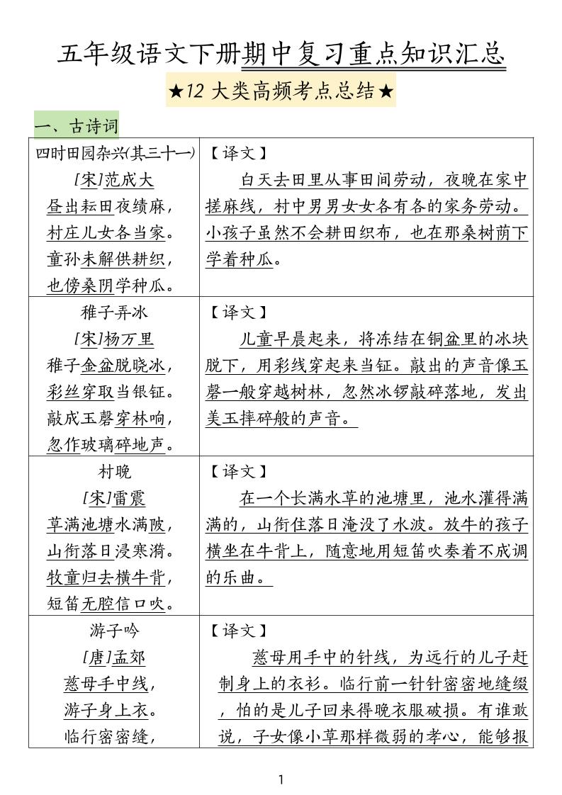 五下语文期中高频考点总结-EduToon学术