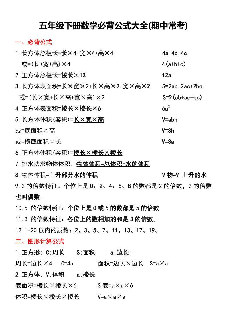 五年级下册数学必背公式大全(期中常考)-EduToon学术