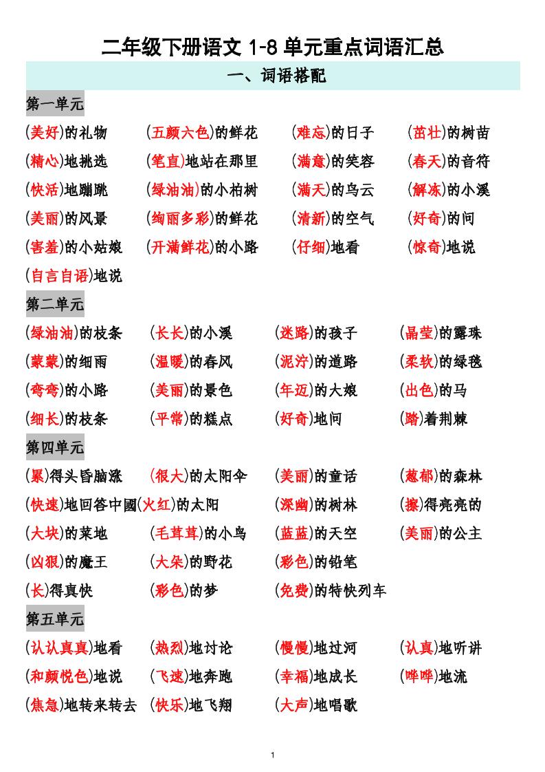 二下语文1-8单元重点词语搭配归纳6页-EduToon学术
