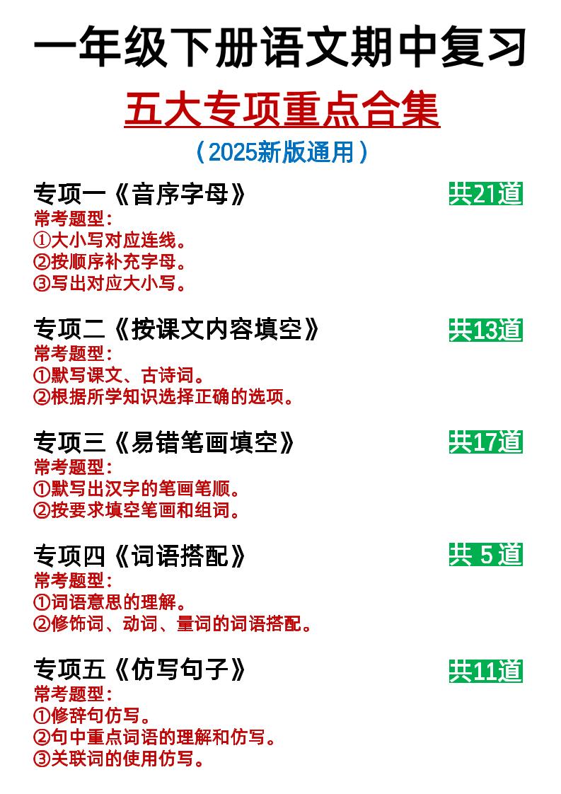 25新一下语文期中复习五大专项重点合集14页-EduToon学术