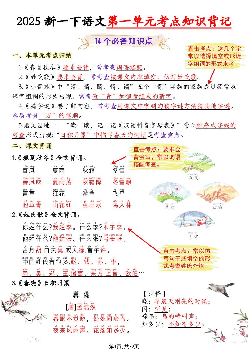25新一下语文1-8单元考点知识背记（32页）-EduToon学术