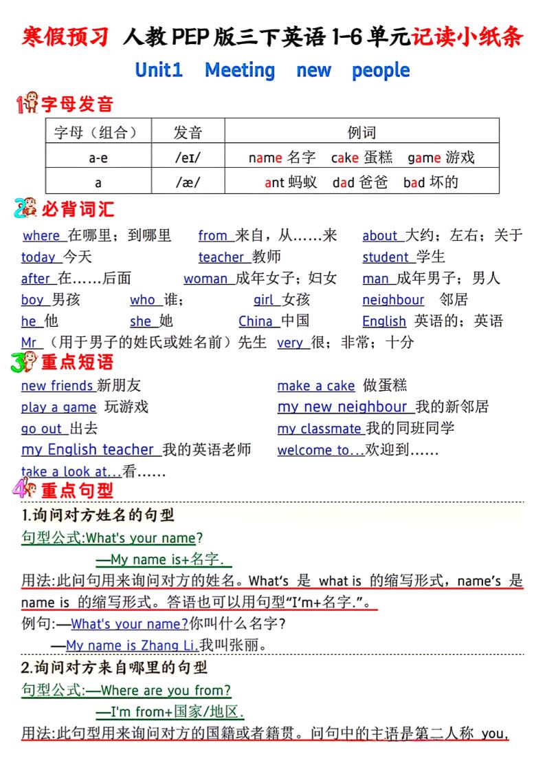 人教PEP版三下英语1-6单元记读小纸条-EduToon学术