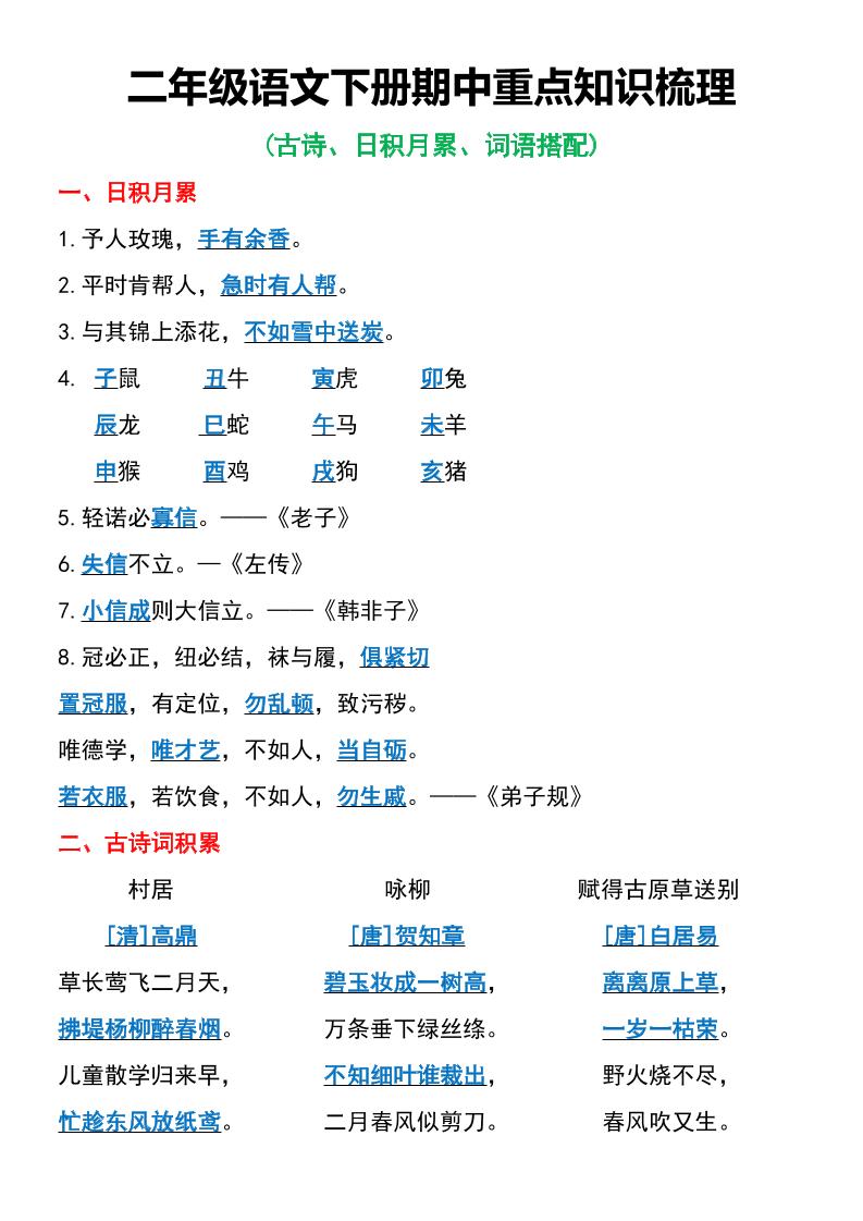 二年级语文下册期中重点知识梳理6页-EduToon学术