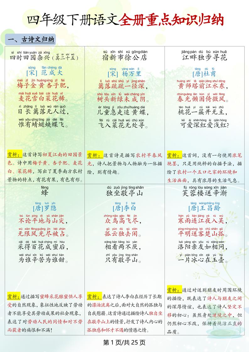 四下语文全册重点知识归纳-EduToon学术