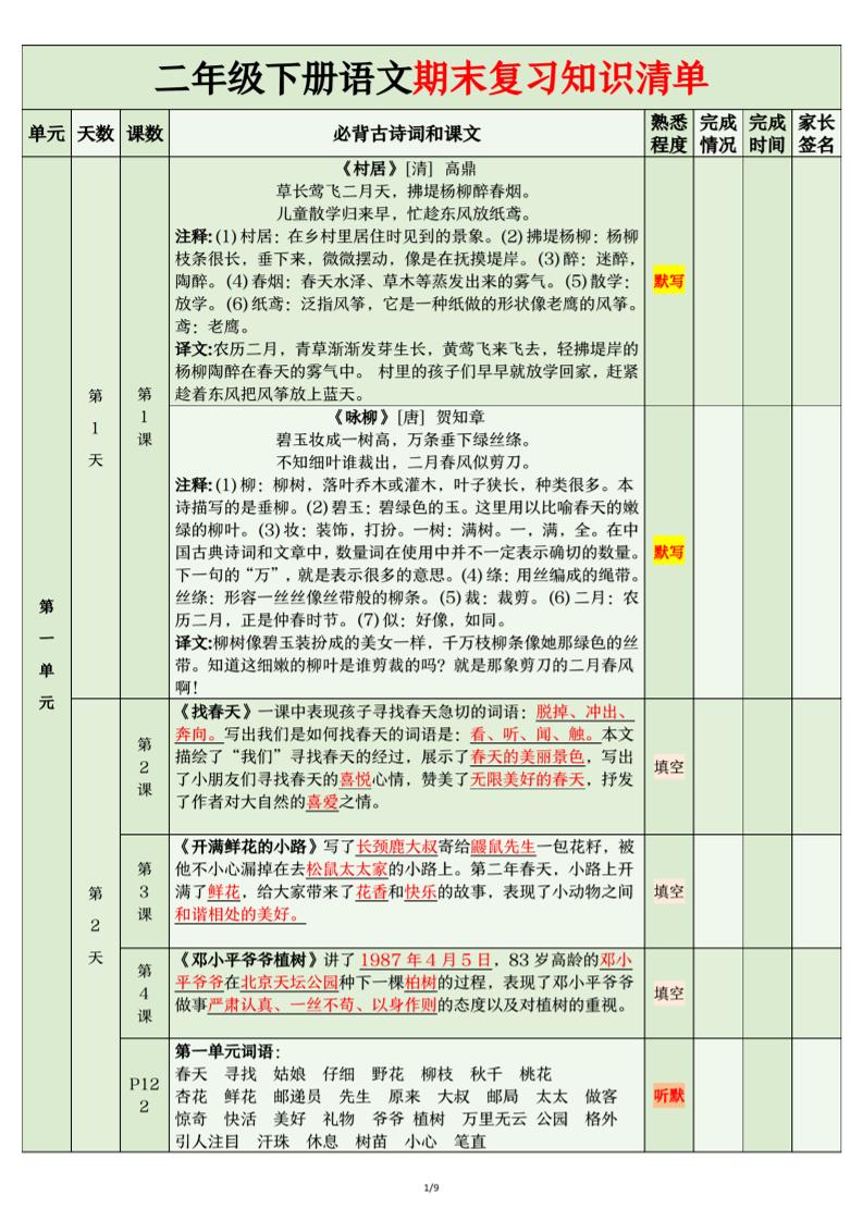 二年级下语文期末复习计划清单-EduToon学术