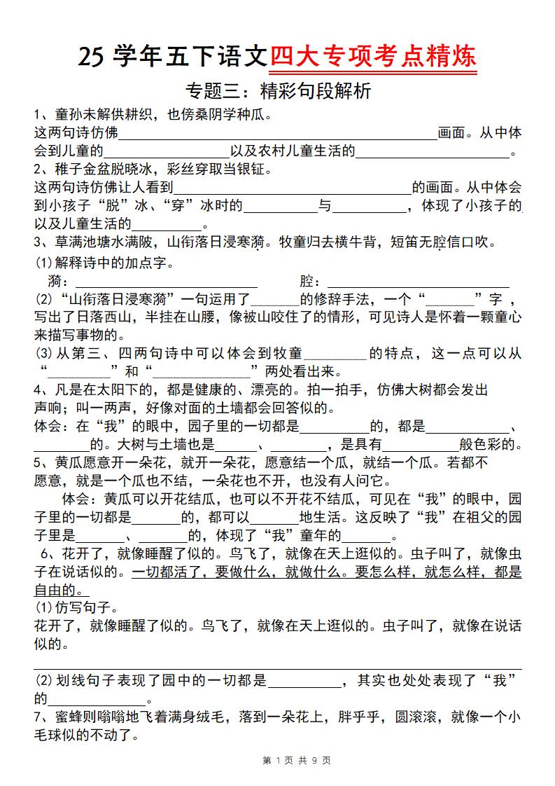 25学年五下语文四大专项考点精炼（专题三：精彩句段解析）-EduToon学术