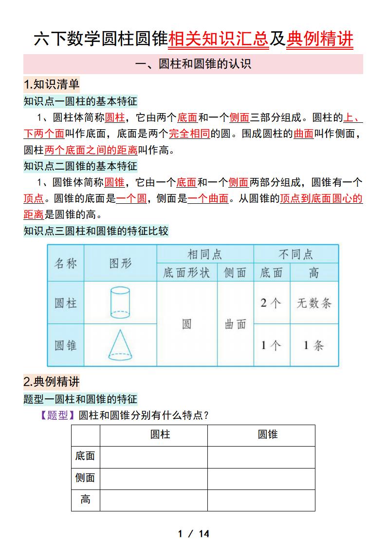 六下数学圆柱圆锥相关知识汇总及典例精讲-EduToon学术
