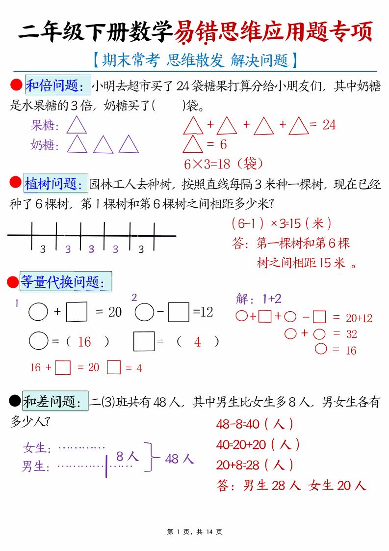 （期末常考30道母题）二年级下册数学易错思维应用题专项（练习题+答案）-EduToon学术