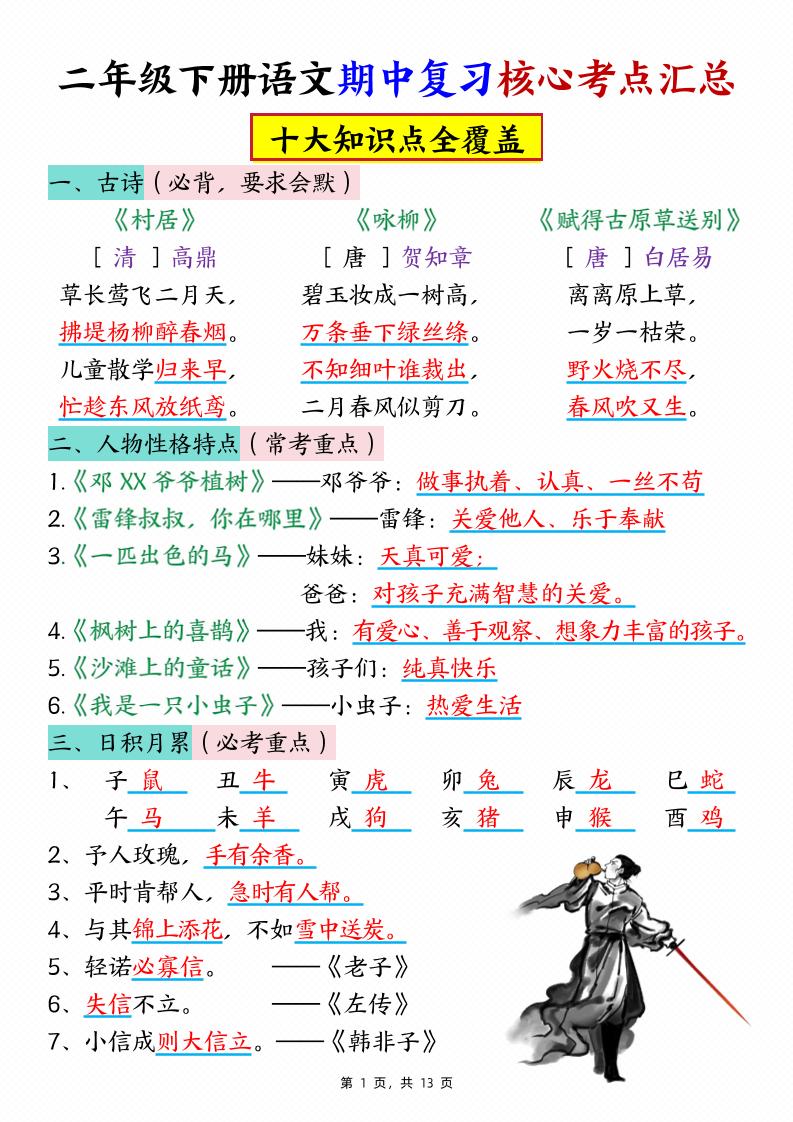 二下语文期中复习核心考点汇总（10大知识点）13页-EduToon学术