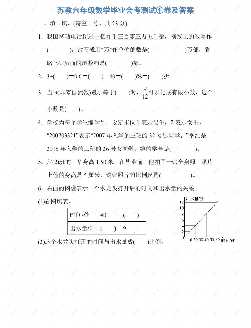苏教六年级数学下册期末测试①卷及答案-EduToon学术