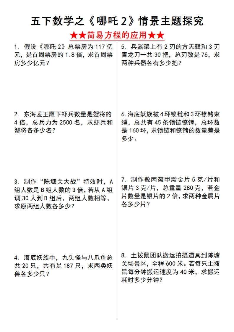 【苏教版】五下数学之《哪吒2》情景主题探究(简易方程的应用)（空白版）-EduToon学术