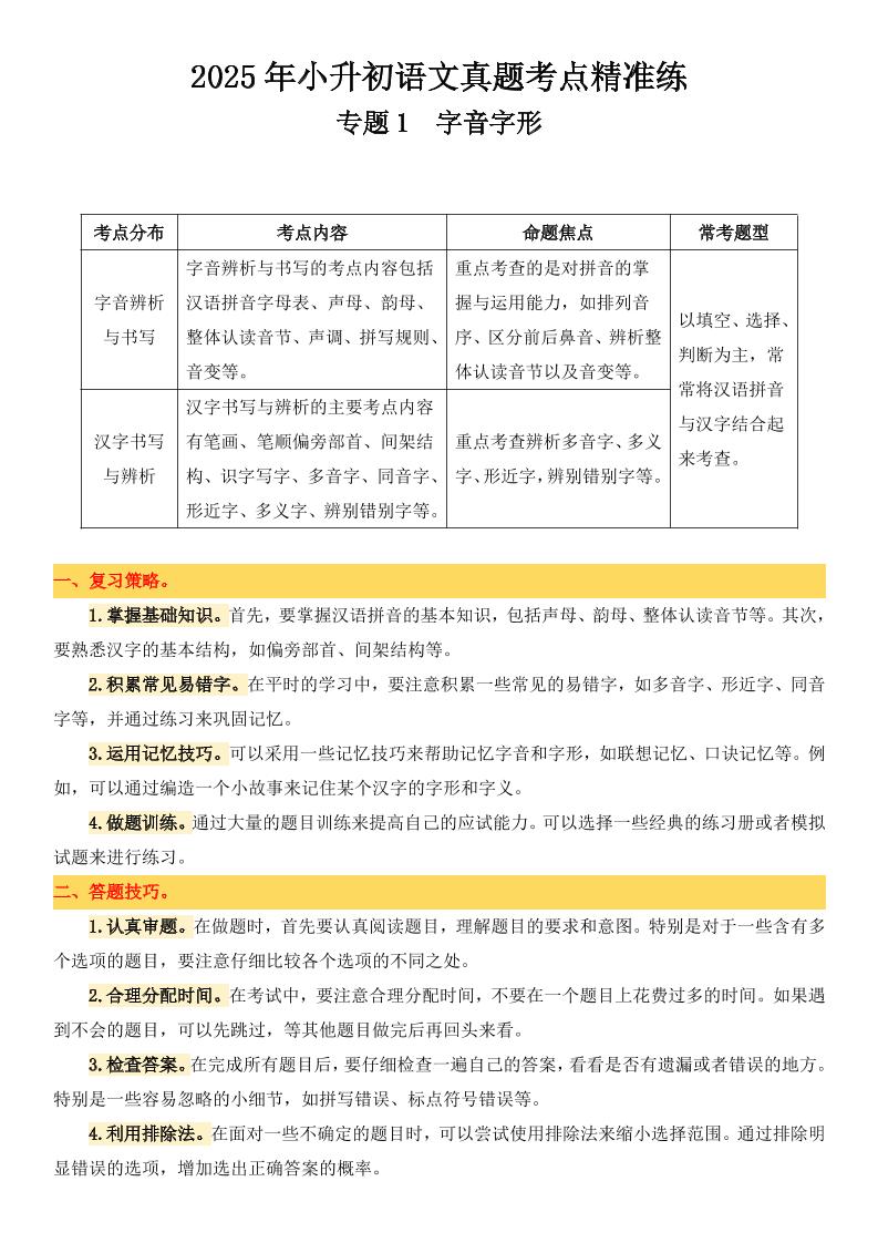 小升初语文备考真题分类汇编专题1字音字形-EduToon学术
