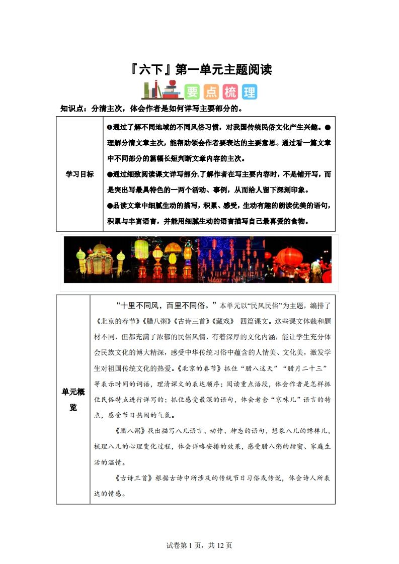 【主题阅读】统编版语文六年级下册第一单元“民风民俗”（主题阅读）-EduToon学术