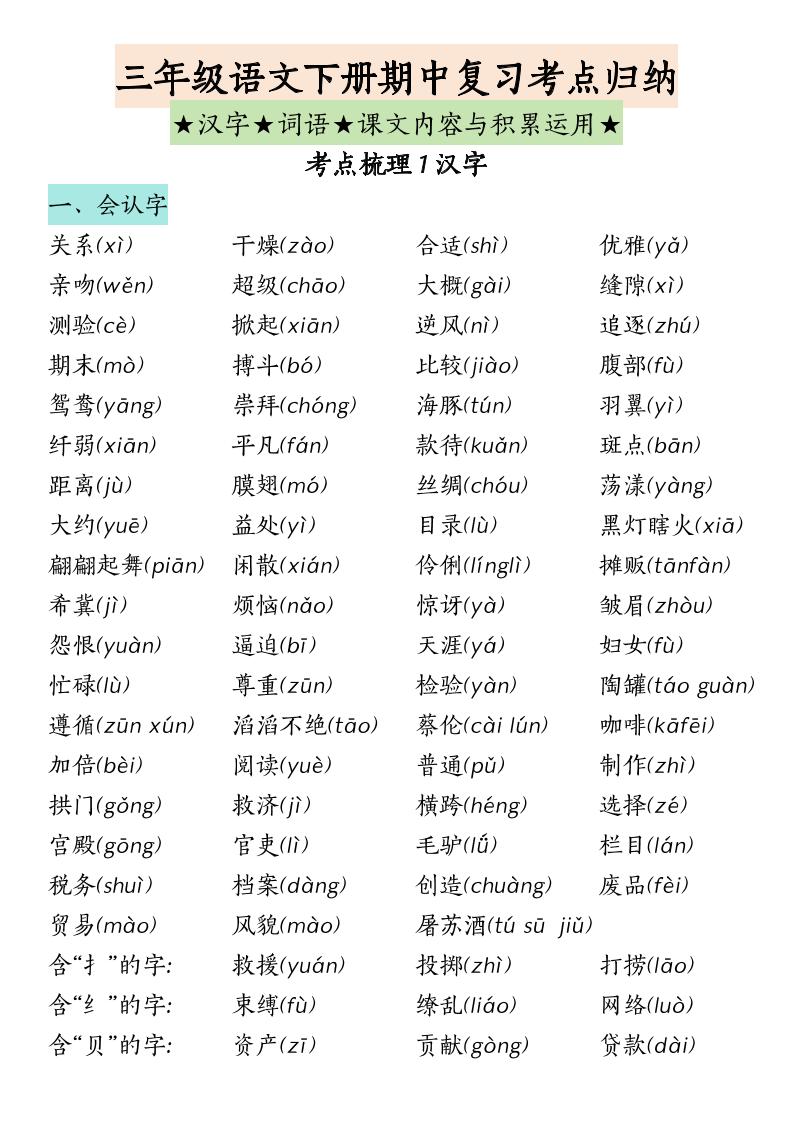 三下语文期中复习（汉字★词语★课文内容与积累运用）-EduToon学术