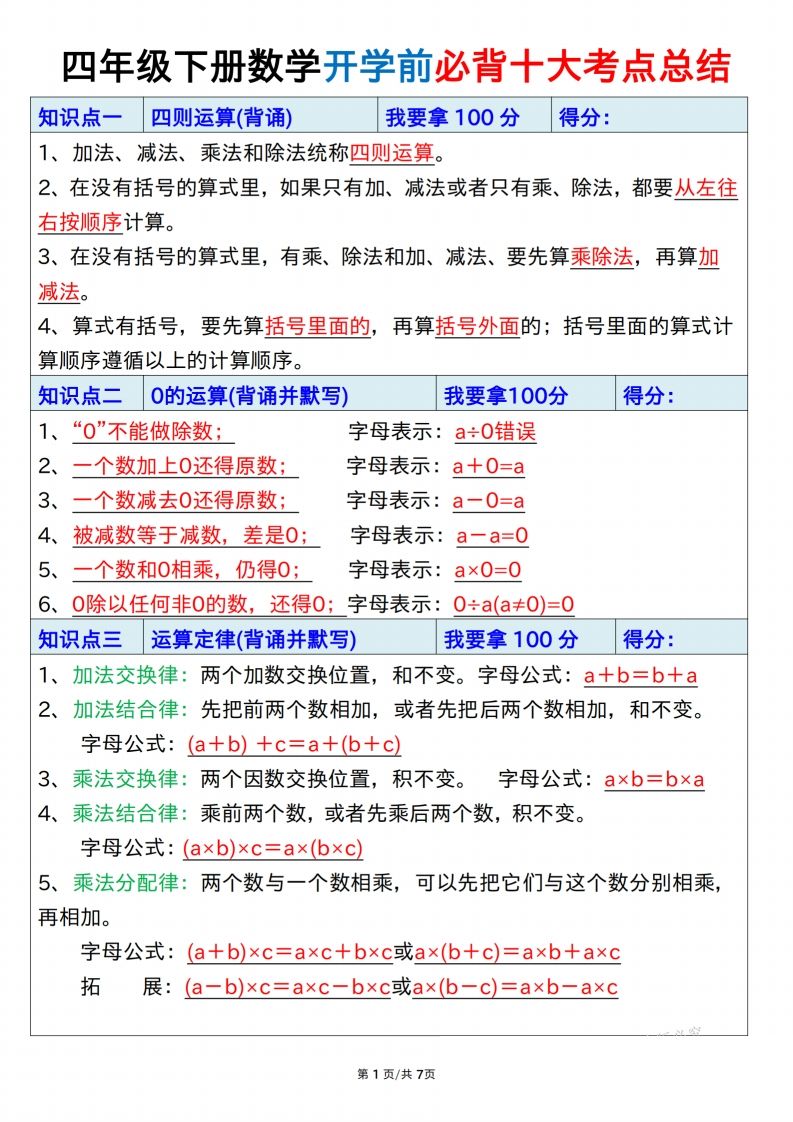 四下数学必背十大考点总结7页-EduToon学术