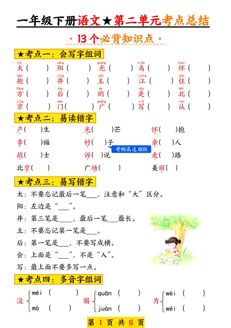 2025新版一年级语文下册第二单元考点总结13个必背-EduToon学术