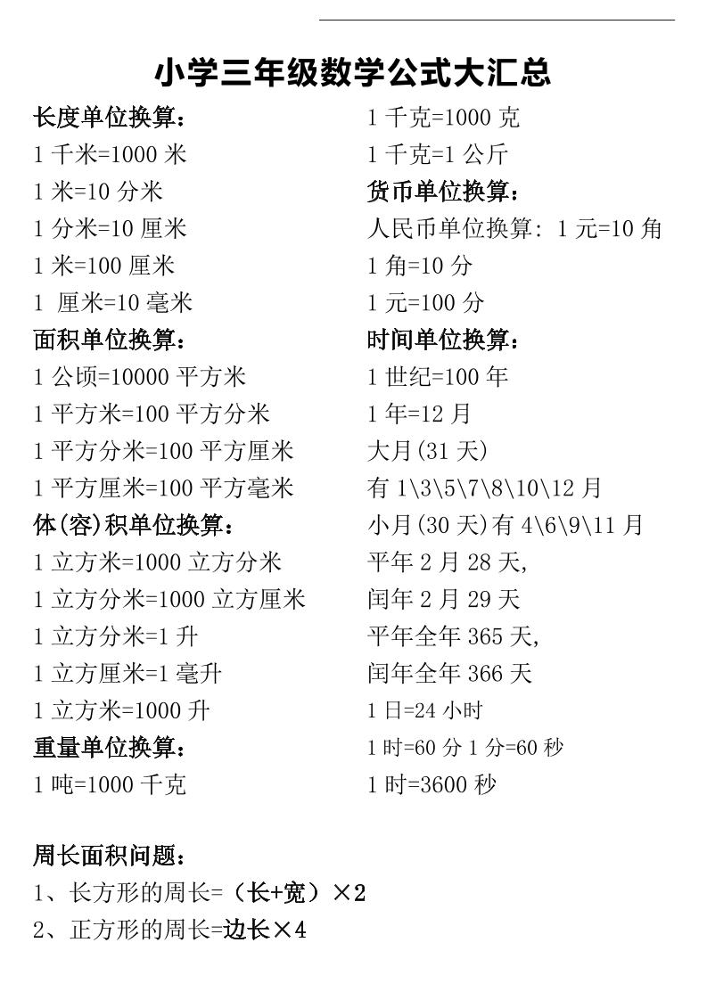 三年级下册数学公式大汇总-EduToon学术