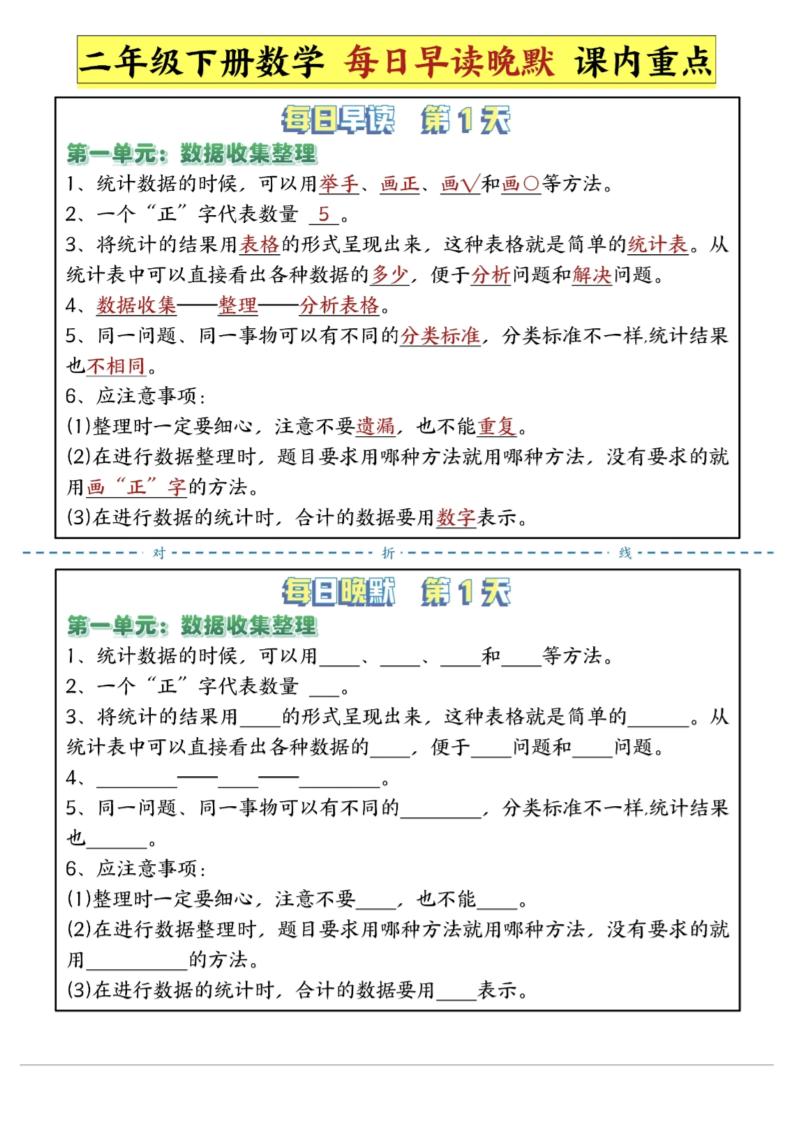 二年级下数学重点每日早读晚默（14页）-高清无水印完整版本-EduToon学术