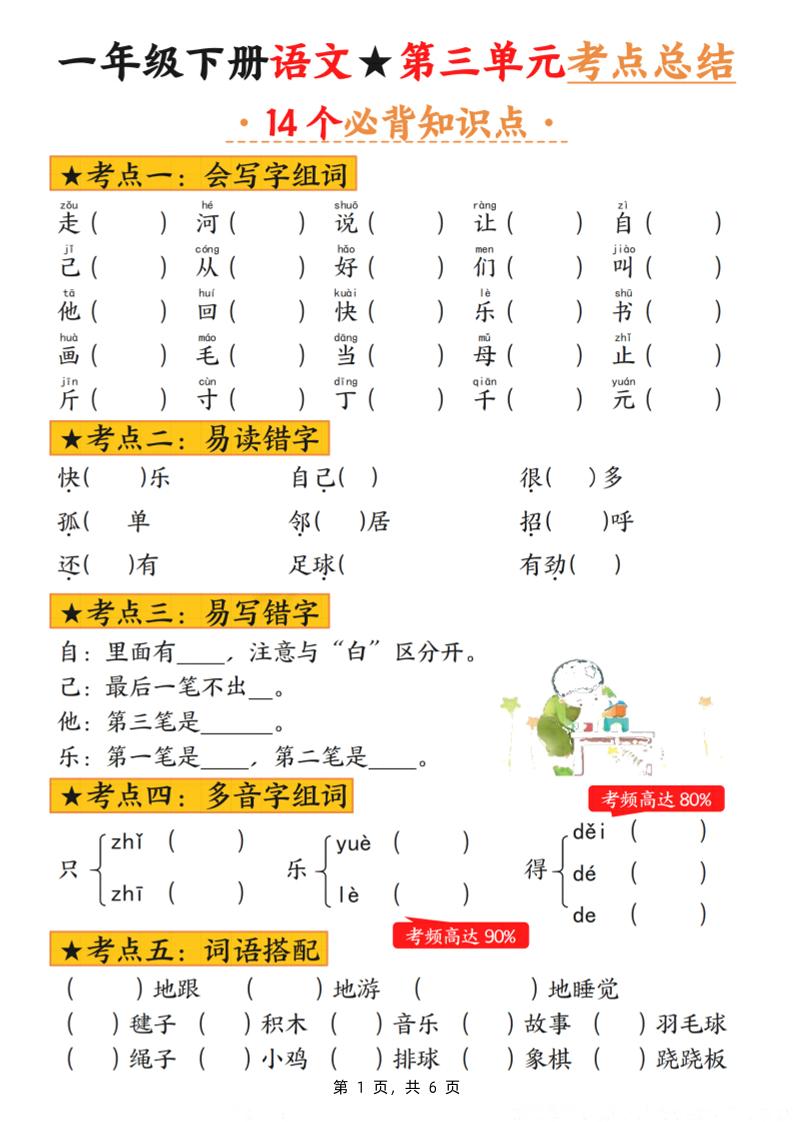 一下语文第三单元考点总结（含练习6页）-EduToon学术