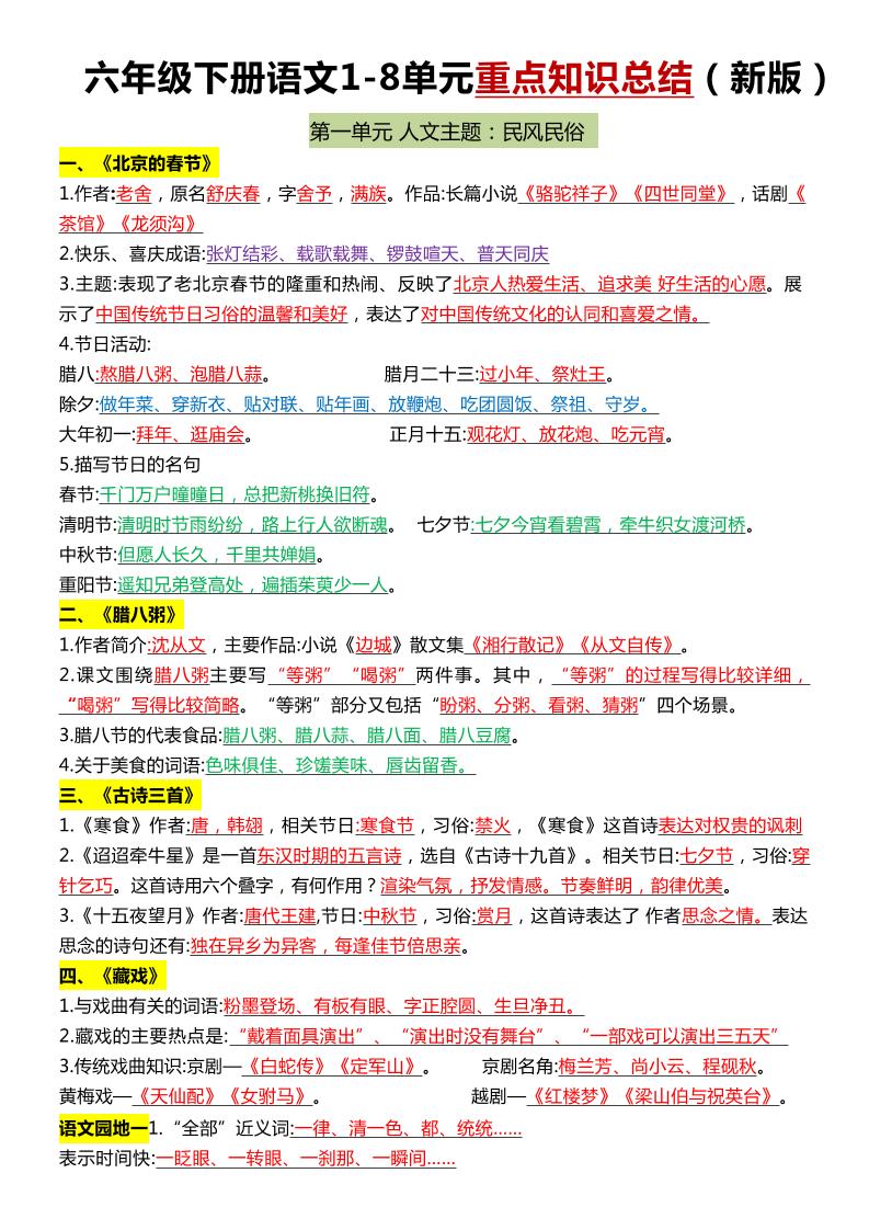 六年级下语文1-8单元常考知识点总结-EduToon学术